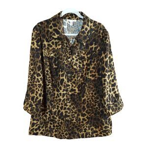 JM Collection Faux Suede 3/4 Sleeve Leopard Print Snap-front Top Women's 20W